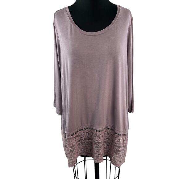 LOGO by Lori Goldstein Lilac Top Floral Lace Hem Scoop Neck 3/4 Sleeve Size 1X - Picture 1 of 10